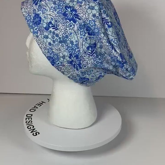 Women’s blue floral euro scrub cap, blue floral toggle scrub hat, Bonnet Head Designs