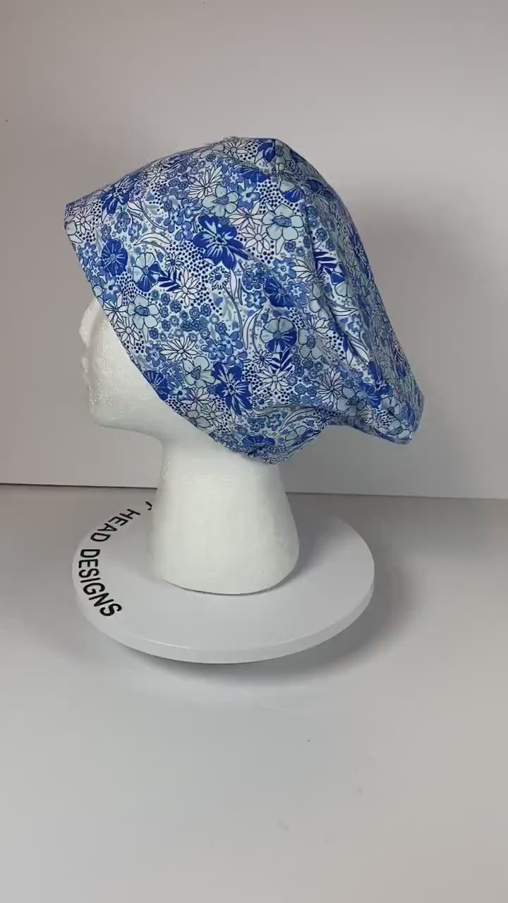 Women’s blue floral euro scrub cap, blue floral toggle scrub hat, Bonnet Head Designs