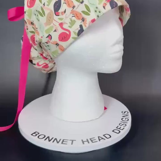Pink and cream jungle birds scrub cap, women’s bird print ponytail scrub hat, Bonnet Head Designs