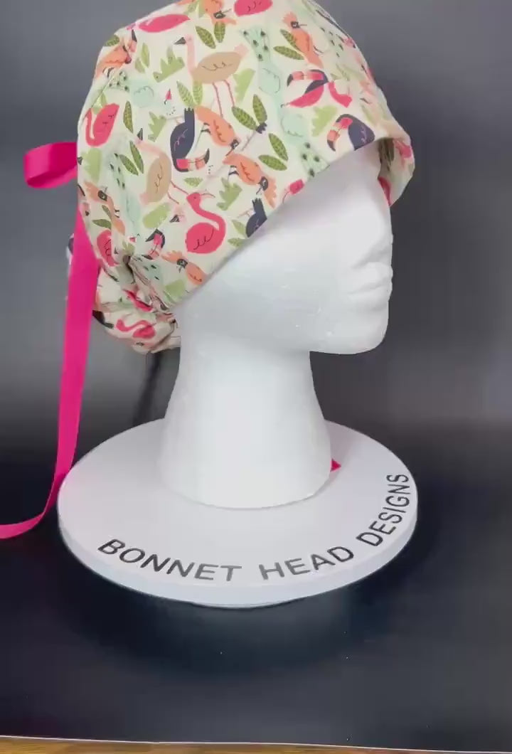 Pink and cream jungle birds scrub cap, women’s bird print ponytail scrub hat, Bonnet Head Designs