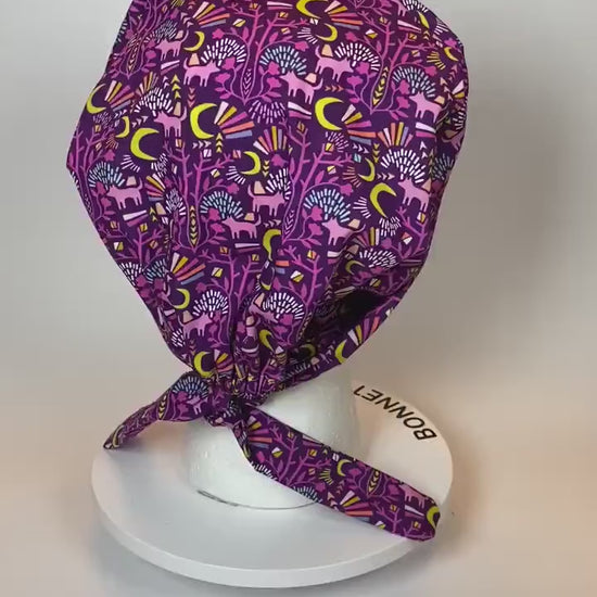 Midnight in Moonlight women’s tieback scrub cap, purple wolf pixie scrub cap, Bonnet Head Designs