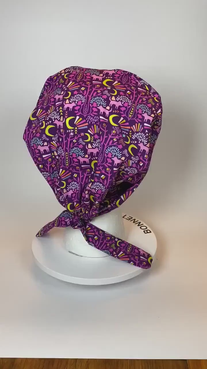 Midnight in Moonlight women’s tieback scrub cap, purple wolf pixie scrub cap, Bonnet Head Designs