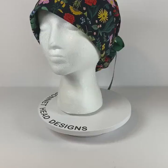 Rifle Paper Co Curio black metalic floral fabric scrub cap, women’s scrub hat floral, Bonnet Head Designs