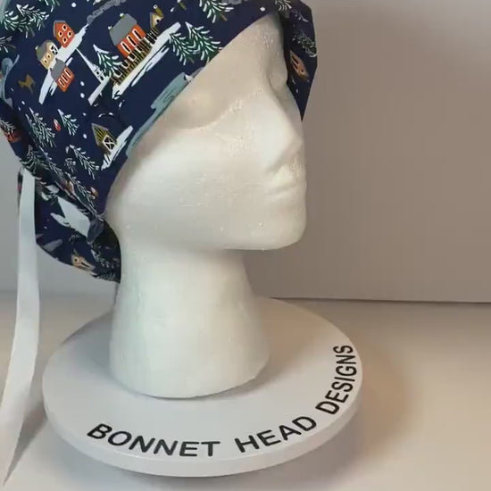 Navy Winter village scrub cap, Winter skiing scrub hat, Bonnet Head Designs