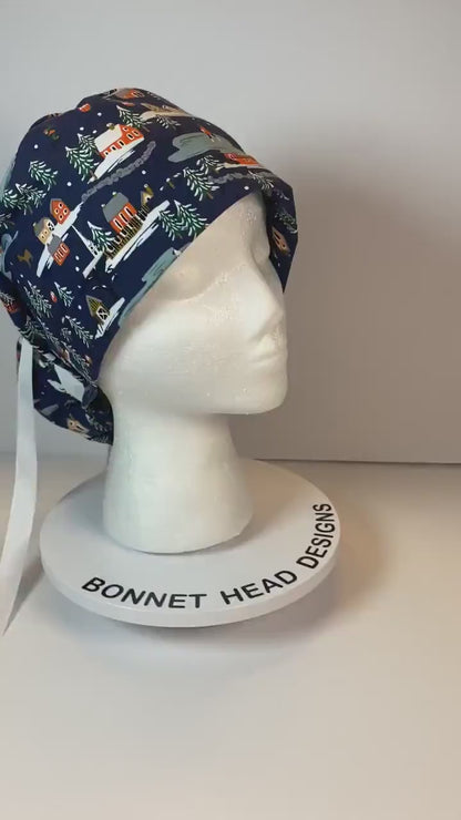 Navy Winter village scrub cap, Winter skiing scrub hat, Bonnet Head Designs