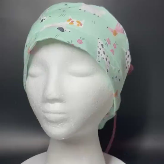 Mint green Dog Print Ponytail Scrub Cap - Nurse Surgical Hat with ribbon ties and adjustable pouch