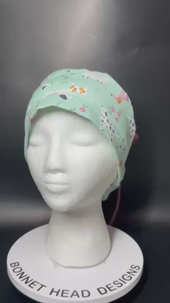 Mint green Dog Print Ponytail Scrub Cap - Nurse Surgical Hat with ribbon ties and adjustable pouch