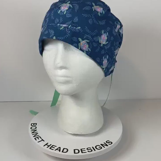 Sea turtle scrub hat, navy and green turtle scrub cap, women’s turtle scrub cap, Bonnet Head Designs