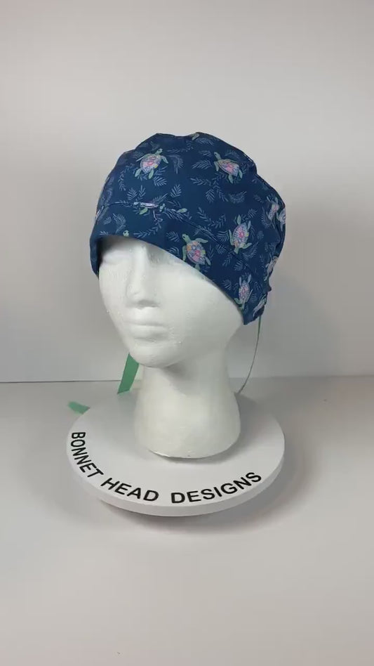 Sea turtle scrub hat, navy and green turtle scrub cap, women’s turtle scrub cap, Bonnet Head Designs