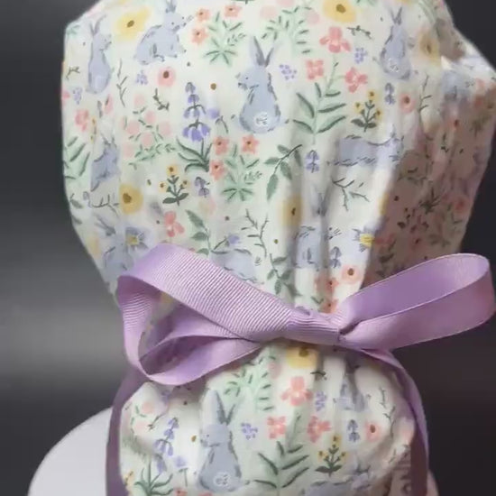 Rifle Paper Co Easter Scrub Cap: Bunny Print Ponytail Hat with ribbon ties