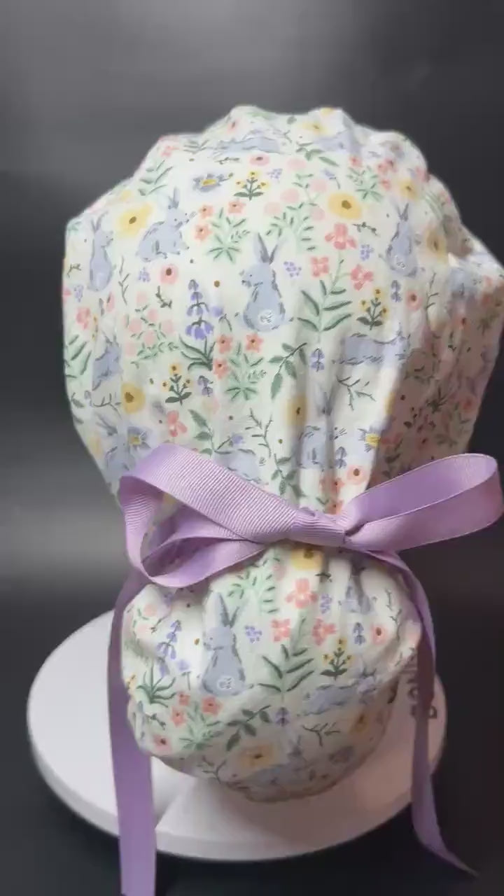 Rifle Paper Co Easter Scrub Cap: Bunny Print Ponytail Hat with ribbon ties