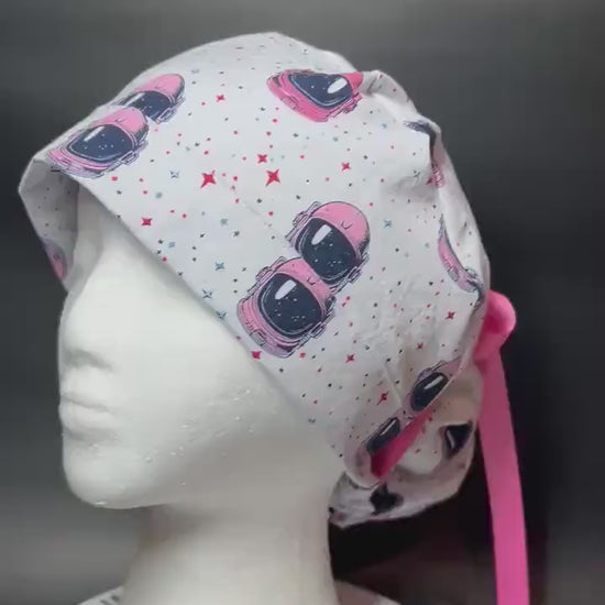 Pink Astronaut scrub cap- cute women’s ponytail scrub hat with ribbon ties and optional satin lining