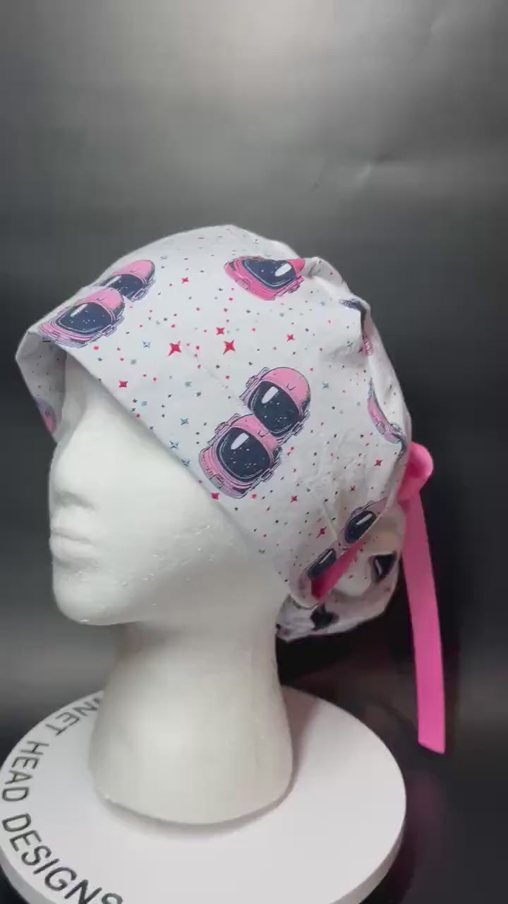 Pink Astronaut scrub cap- cute women’s ponytail scrub hat with ribbon ties and optional satin lining