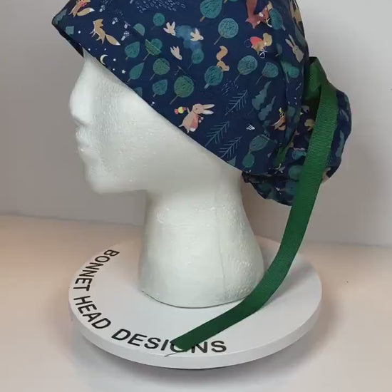 Night friends scrub cap, women’s forest animals ponytail scrub hat, Bonnet Head Designs