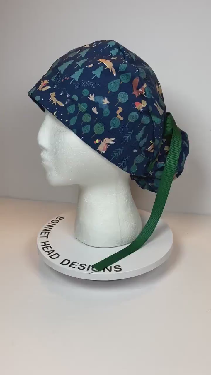 Night friends scrub cap, women’s forest animals ponytail scrub hat, Bonnet Head Designs