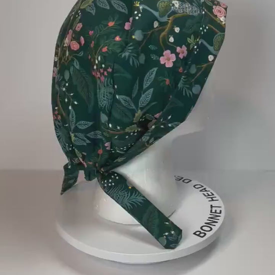 Peacock print tie back style scrub cap Rifle Paper Co vintage garden peacocks pixie scrub hat Bonnet Head Designs