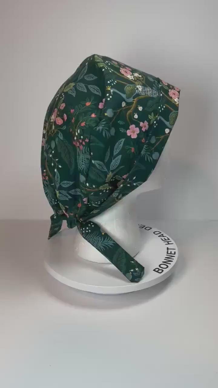 Peacock print tie back style scrub cap Rifle Paper Co vintage garden peacocks pixie scrub hat Bonnet Head Designs