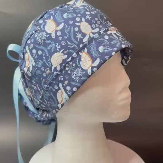 Women's Scrub Cap| Shell We Dance Sea Turtle Fabric| summer scrub caps