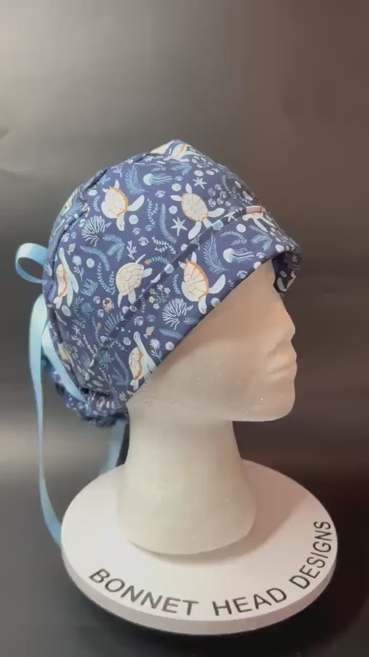 Women's Scrub Cap| Shell We Dance Sea Turtle Fabric| summer scrub caps
