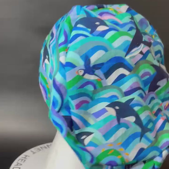 Euro Scrub Cap colorful orca whale print : Adjustable Toggle with elastic (Optional Satin Lining)