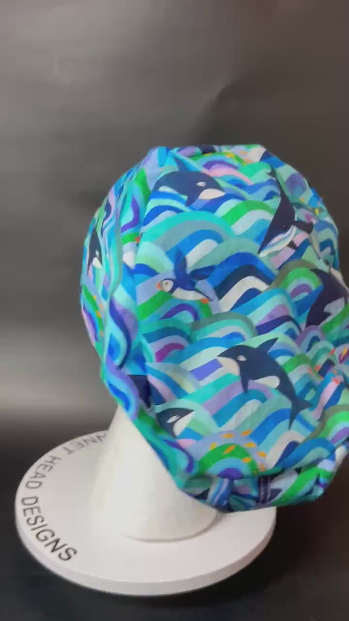 Euro Scrub Cap colorful orca whale print : Adjustable Toggle with elastic (Optional Satin Lining)