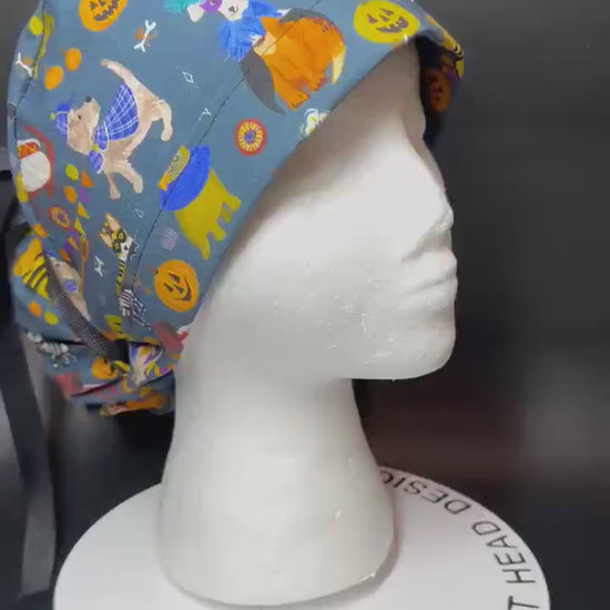 Howl-oween Dogs Scrub Cap| Halloween Costume Ponytail Hat with Adjustable Ribbon Ties | Medical Headwear