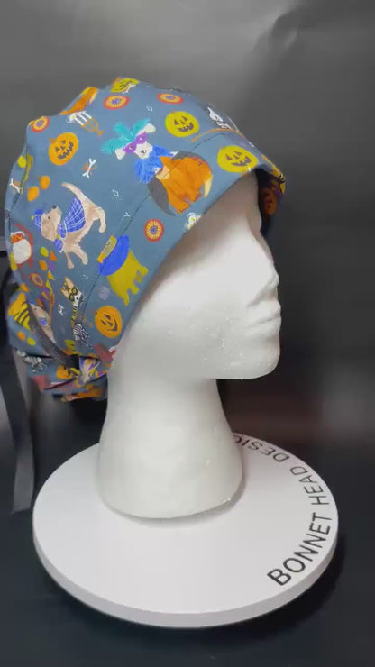Howl-oween Dogs Scrub Cap| Halloween Costume Ponytail Hat with Adjustable Ribbon Ties | Medical Headwear