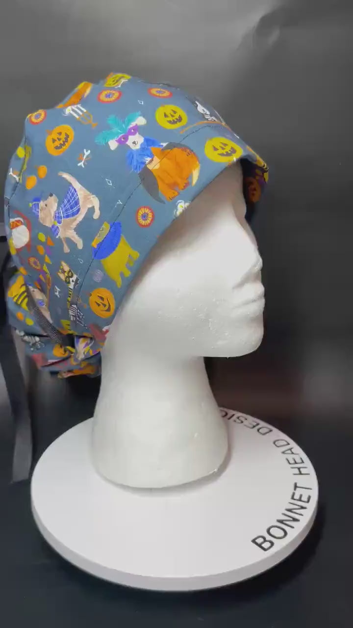 Howl-oween Dogs Scrub Cap| Halloween Costume Ponytail Hat with Adjustable Ribbon Ties | Medical Headwear