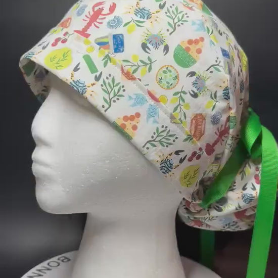 Olive Love You Women’s Ponytail Scrub Cap | fun lobster scrub hat with satin lining option