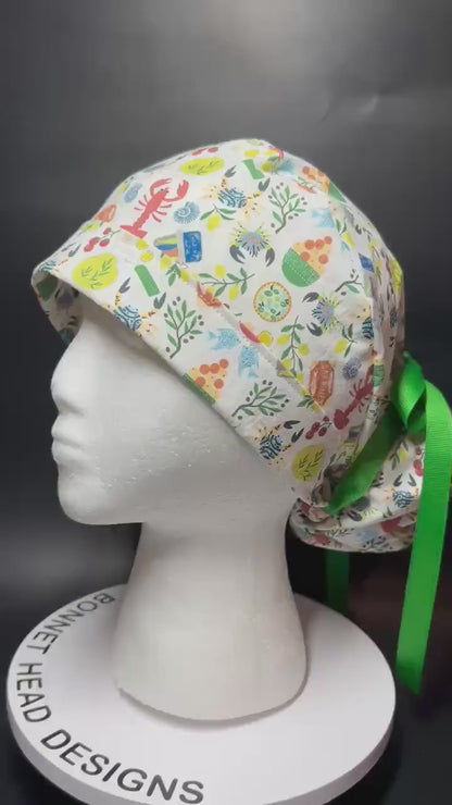 Olive Love You Women’s Ponytail Scrub Cap | fun lobster scrub hat with satin lining option