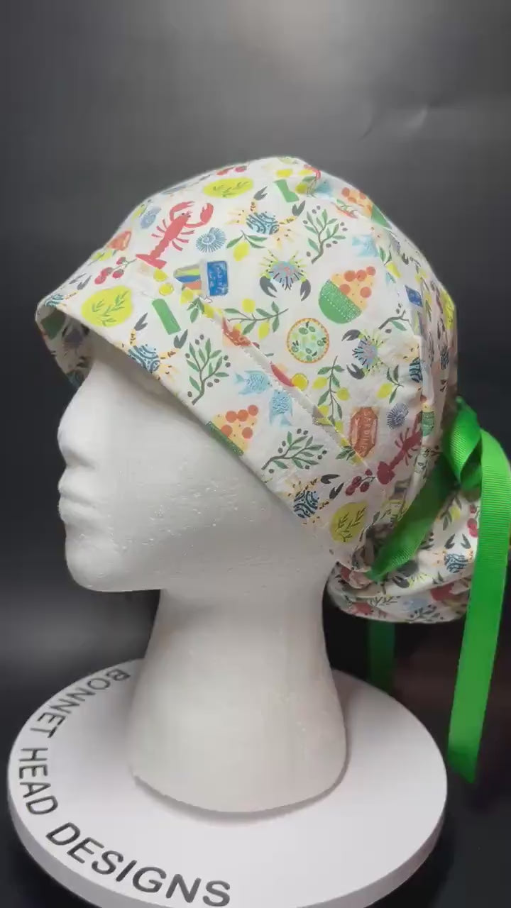Olive Love You Women’s Ponytail Scrub Cap | fun lobster scrub hat with satin lining option