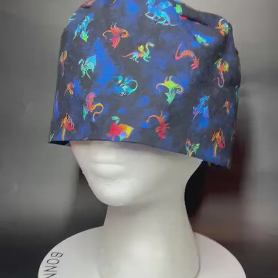 Scrub cap for men: dragon print surgeon style with ties