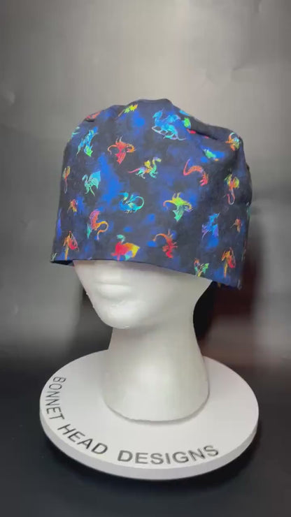 Scrub cap for men: dragon print surgeon style with ties