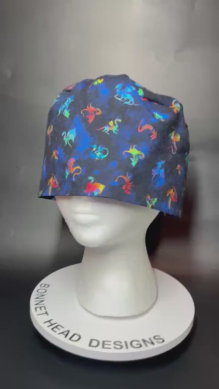 Scrub cap for men: dragon print surgeon style with ties