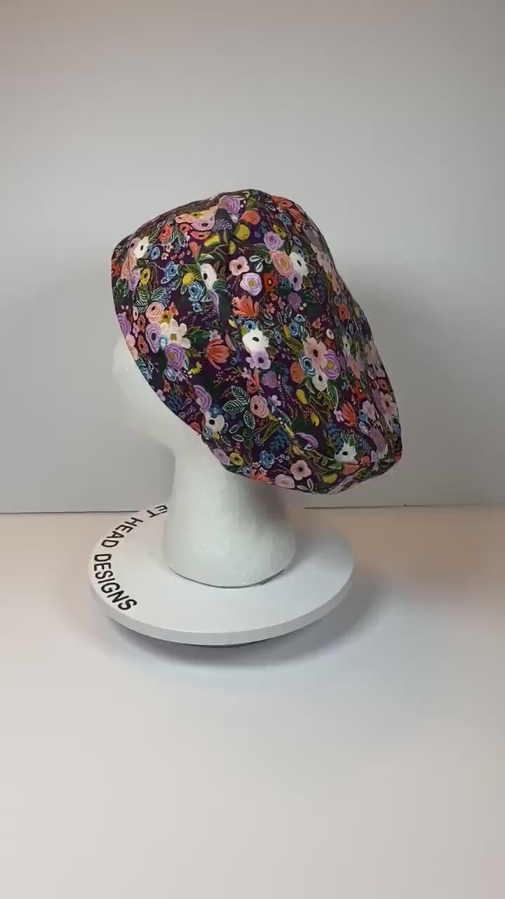 Rifle Paper Co petite garden party in burgundy fabric  euro style scrub cap, purple floral garden party toggle scrub hat