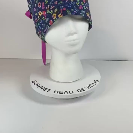 Rabbit and hedgehogs scrub cap, pink and navy women’s hedgehog print scrub cap,  Bonnet Head Designs