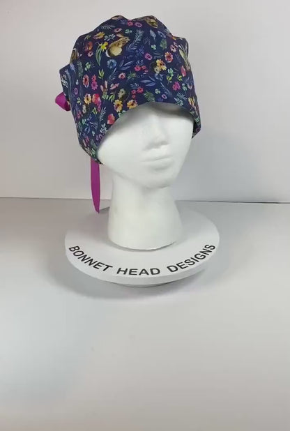 Rabbit and hedgehogs scrub cap, pink and navy women’s hedgehog print scrub cap,  Bonnet Head Designs