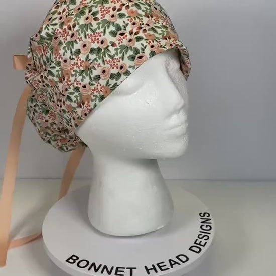 pink floral scrub hat, rifle paper co rosa blush fabric ponytail surgical hat, Bonnet Head Designs