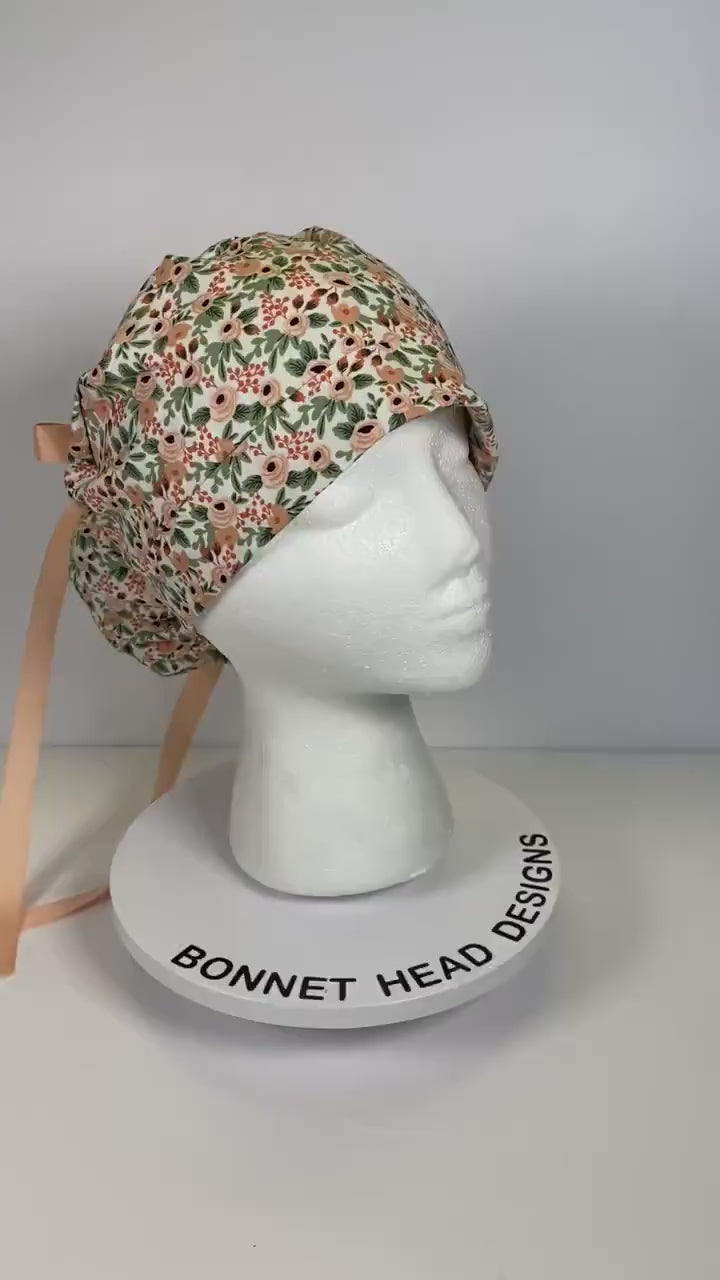 pink floral scrub hat, rifle paper co rosa blush fabric ponytail surgical hat, Bonnet Head Designs