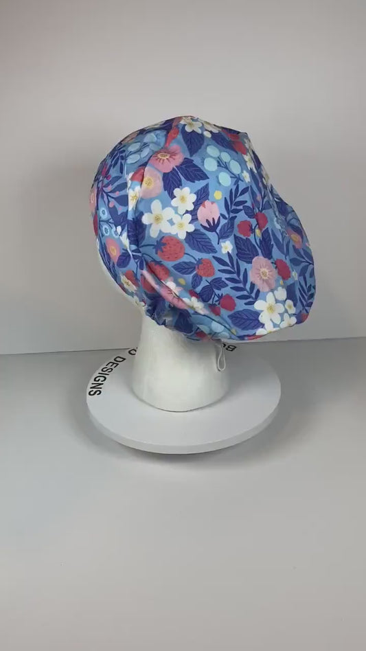 summer strawberry print euro scrub cap, summer berries euro cap with toggle, Bonnet Head Designs