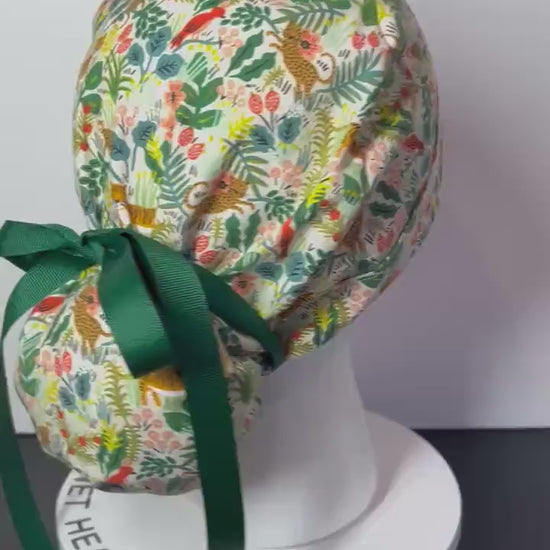 White jungle print ponytail scrub cap, Rifle Paper Co menagerie tiger fabric premium scrub hat, Bonnet Head Designs