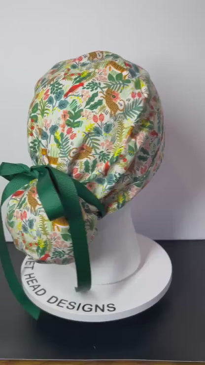 White jungle print ponytail scrub cap, Rifle Paper Co menagerie tiger fabric premium scrub hat, Bonnet Head Designs
