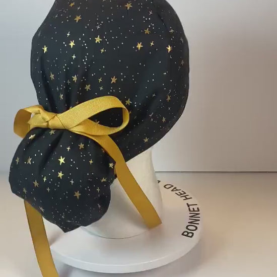 black and gold star scrub hat, black star scrub cap, surgical cap stars, Bonnet Head Designs