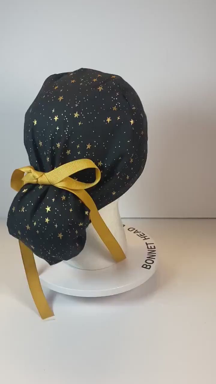 black and gold star scrub hat, black star scrub cap, surgical cap stars, Bonnet Head Designs