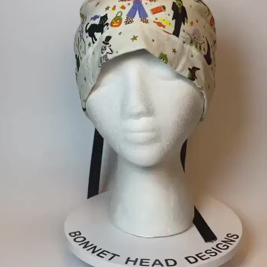 Rifle Paper Co Halloween parade fabric scrub cap, trick or treat Halloween ponytail scrub hat