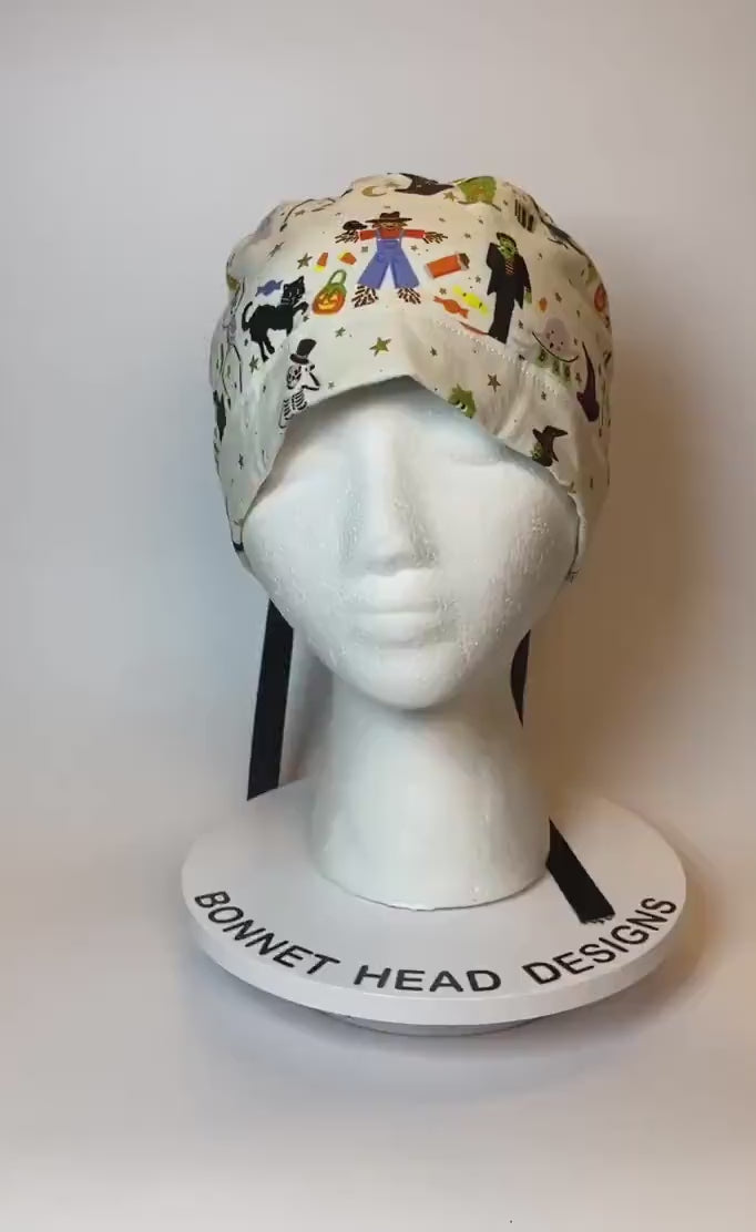 Rifle Paper Co Halloween parade fabric scrub cap, trick or treat Halloween ponytail scrub hat