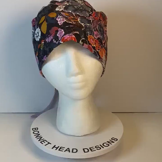 Eerie Halloween black floral ponytail scrub hat, Bonnet Head Designs