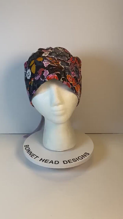 Eerie Halloween black floral ponytail scrub hat, Bonnet Head Designs