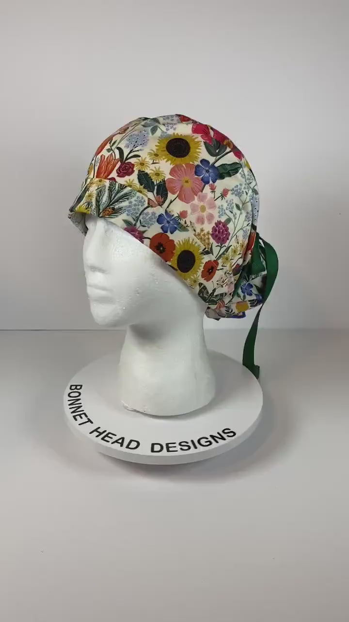 Rifle Paper Co Curio cream floral fabric scrub cap, women’s spring scrub hat floral, Bonnet Head Designs