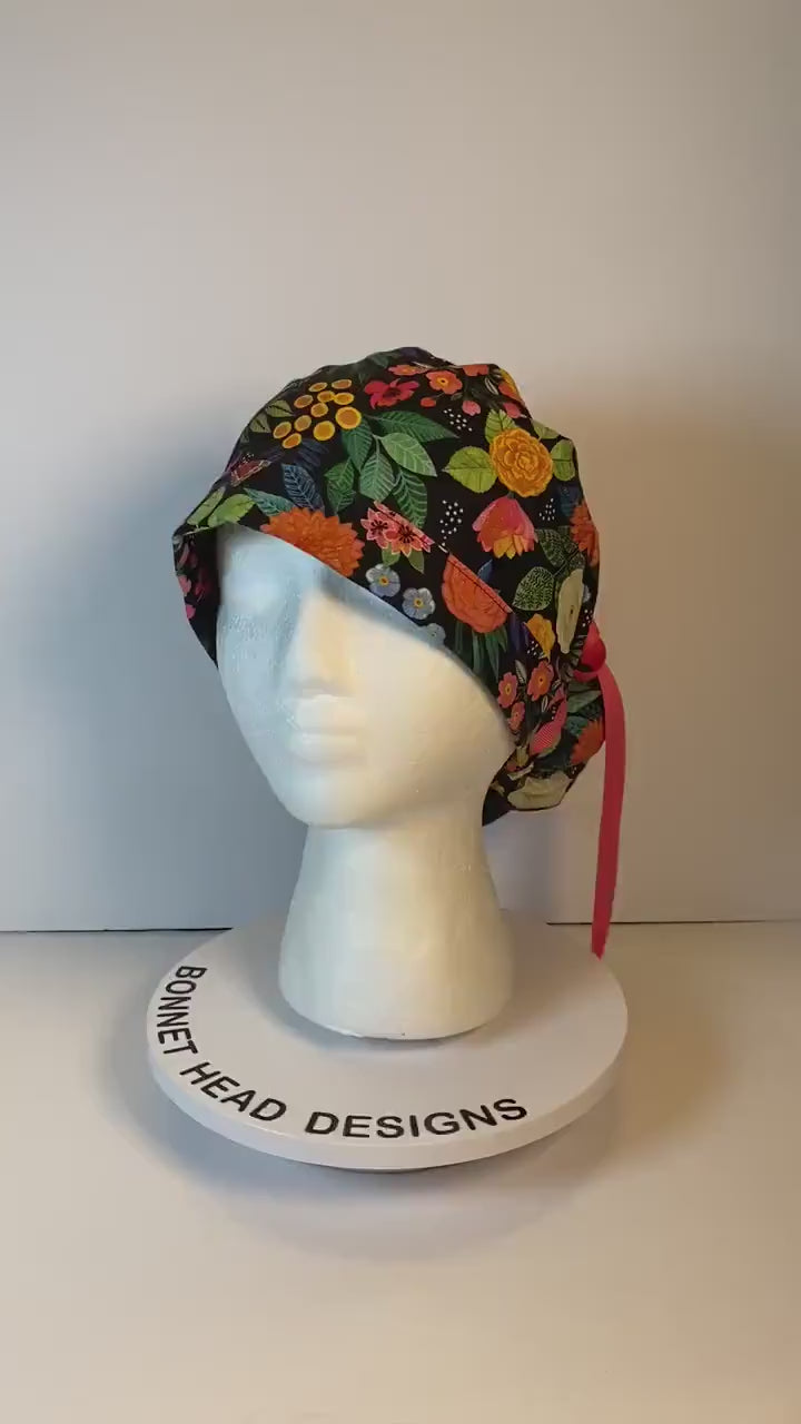 Women’s tropical summer floral scrub hat with satin lining option